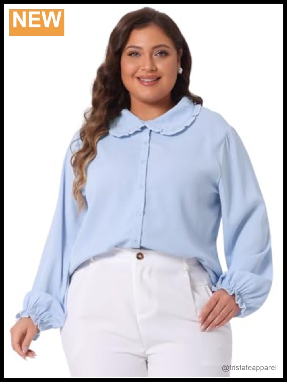 Plus Size Button Down Work Shirt with Peter Pan Collar Long Sleeve